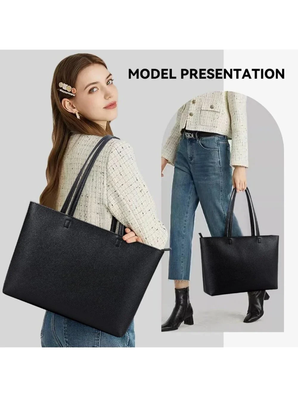 Stylish Vegan Leather Tote Bag with Zipper - Versatile Shoulder Satchel for
